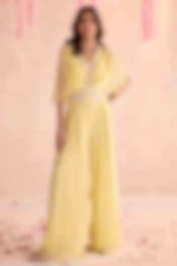 Lemon Yellow Georgette Embellished Pleated Jumpsuit by Seema Thukral at Pernia's Pop Up Shop