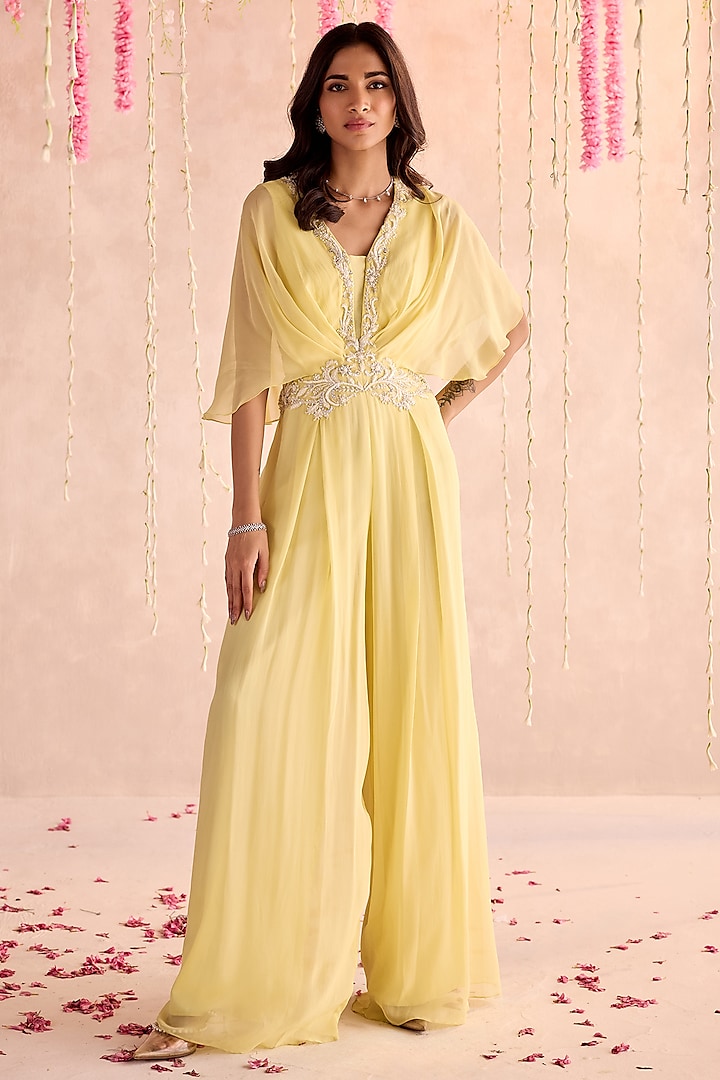 Lemon Yellow Georgette Embellished Pleated Jumpsuit by Seema Thukral at Pernia's Pop Up Shop