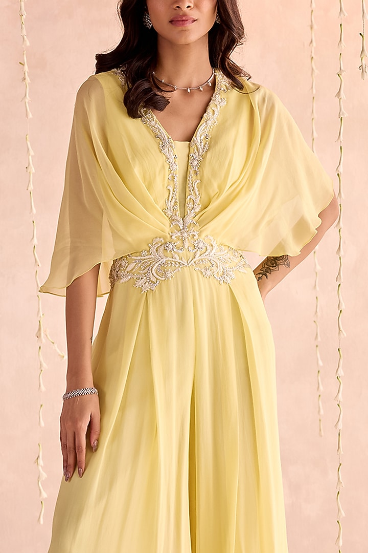 Lemon Yellow Georgette Embellished Pleated Jumpsuit by Seema Thukral at Pernia's Pop Up Shop