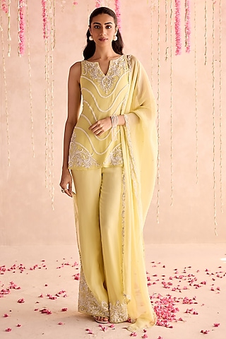 Lemon Yellow Georgette Embellished Kurta Set by Seema Thukral