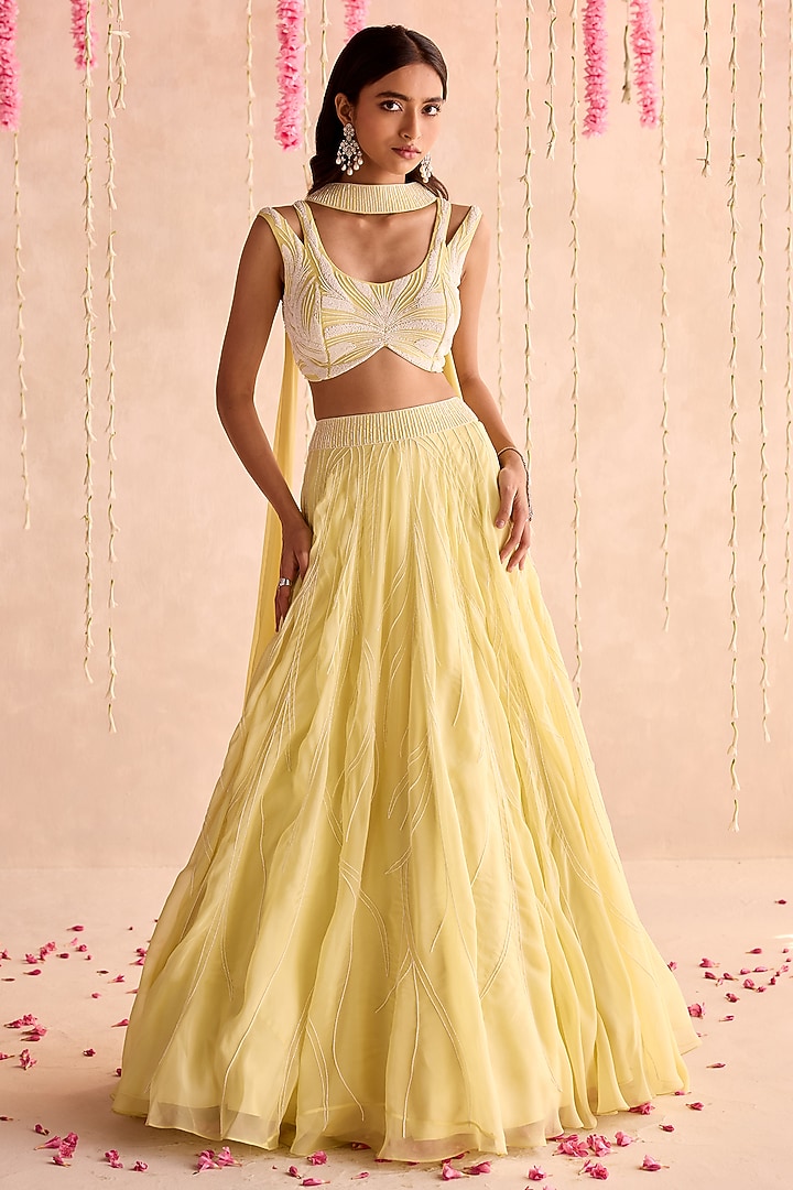 Lemon Yellow Organza Embellished Wedding Lehenga Set by Seema Thukral at Pernia's Pop Up Shop