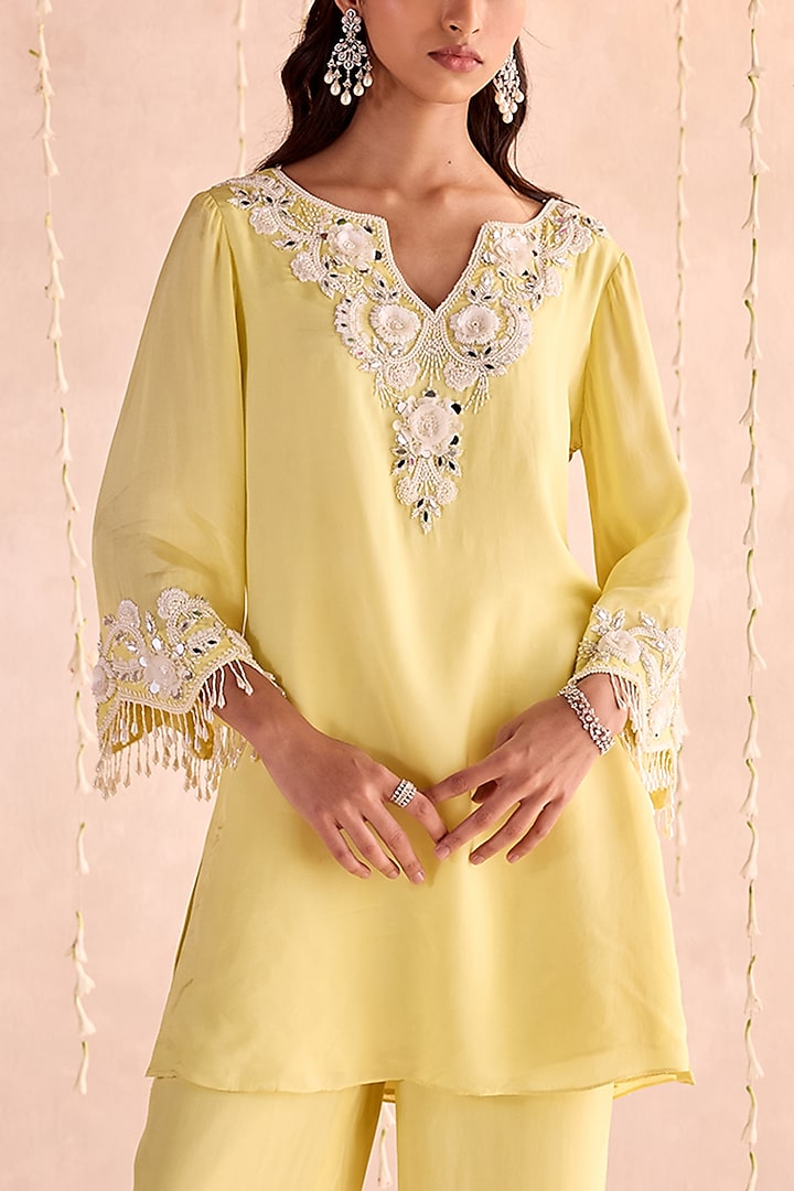 Lemon Yellow Habutai Silk Embellished Kurta Set by Seema Thukral at Pernia's Pop Up Shop