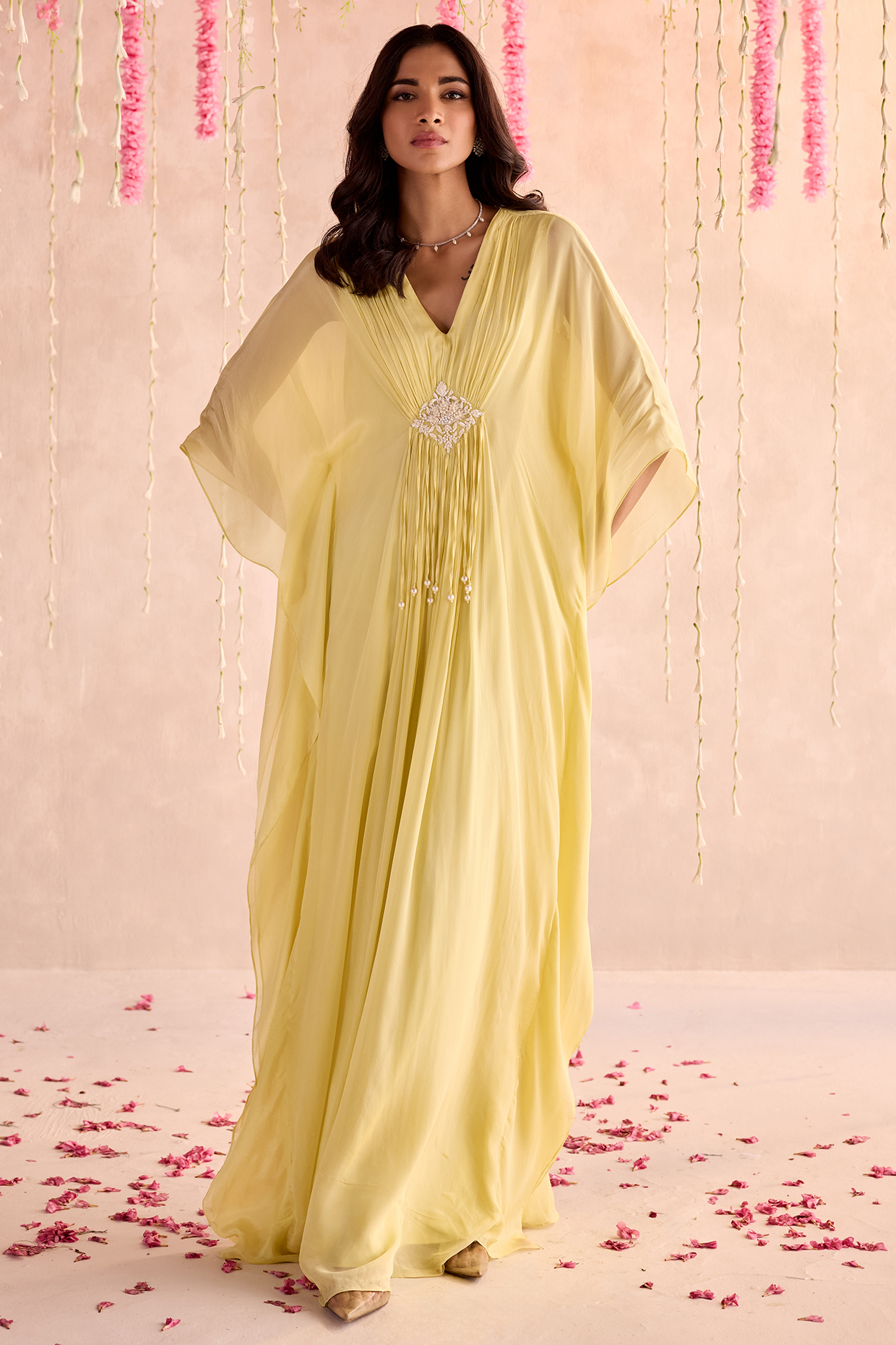 Lemon Yellow Chiffon Embellished Draped Kaftan by Seema Thukral at Pernia's Pop Up Shop