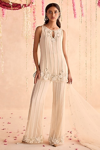 Ivory Georgette Embellished Kurta Set by Seema Thukral