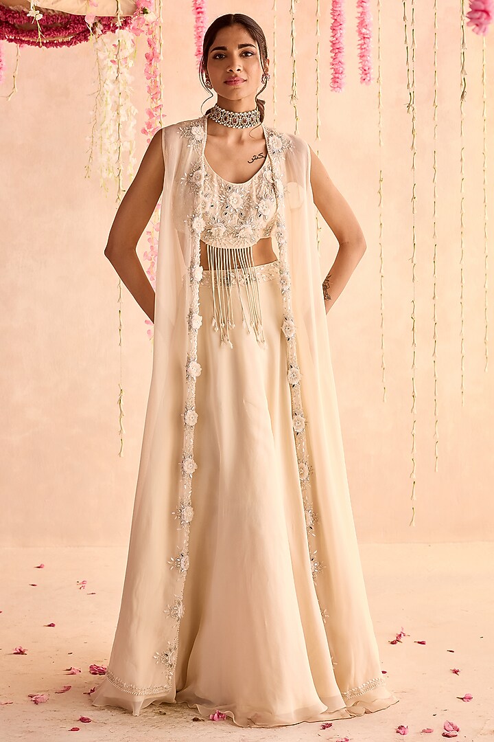 Ivory Organza Embellished Jacket Wedding Lehenga Set by Seema Thukral at Pernia's Pop Up Shop