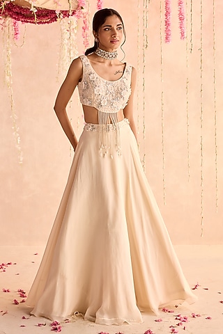 Ivory Organza Embellished Lehenga Set by Seema Thukral