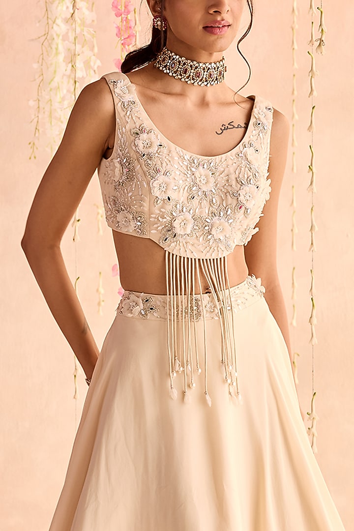 Ivory Organza Embellished Wedding Lehenga Set by Seema Thukral at Pernia's Pop Up Shop
