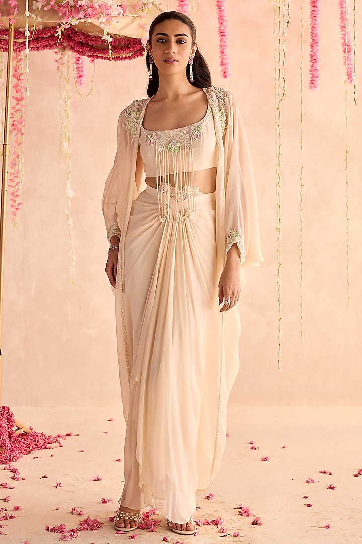 Ivory Georgette Draped Skirt Set by Seema Thukral at Pernia's Pop Up Shop