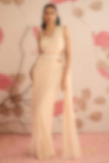 Ivory Georgette Pre-Stitched Party Wear Saree Set by Seema Thukral at Pernia's Pop Up Shop