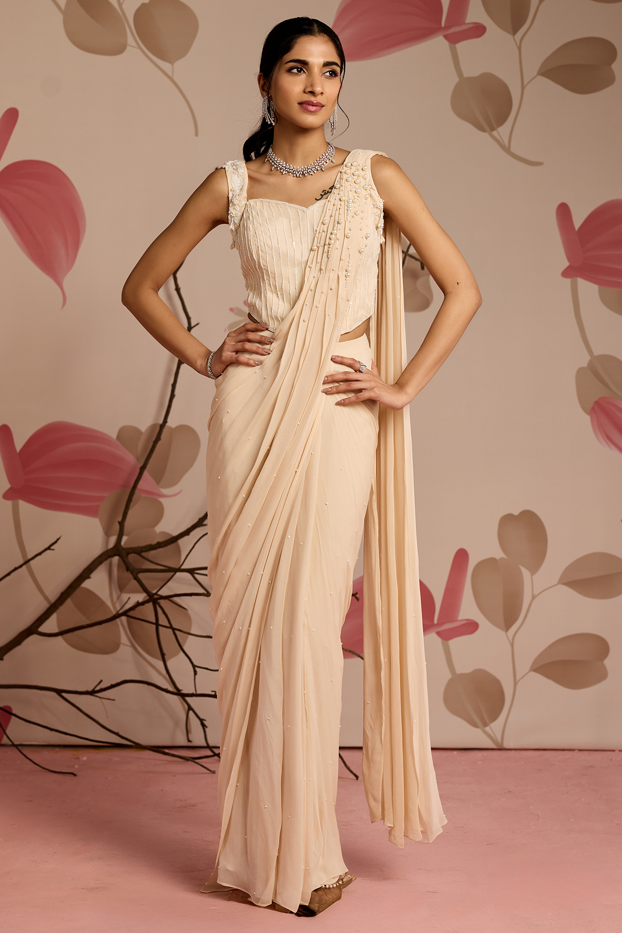 Ivory Georgette Embellished Pre-Stitched Wedding Saree Set by Seema Thukral at Pernia's Pop Up Shop