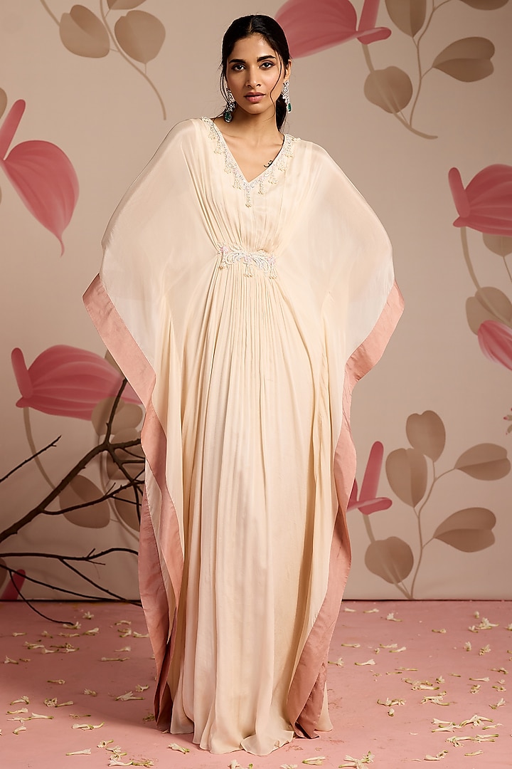 Ivory Chiffon Embellished Draped Kaftan by Seema Thukral at Pernia's Pop Up Shop