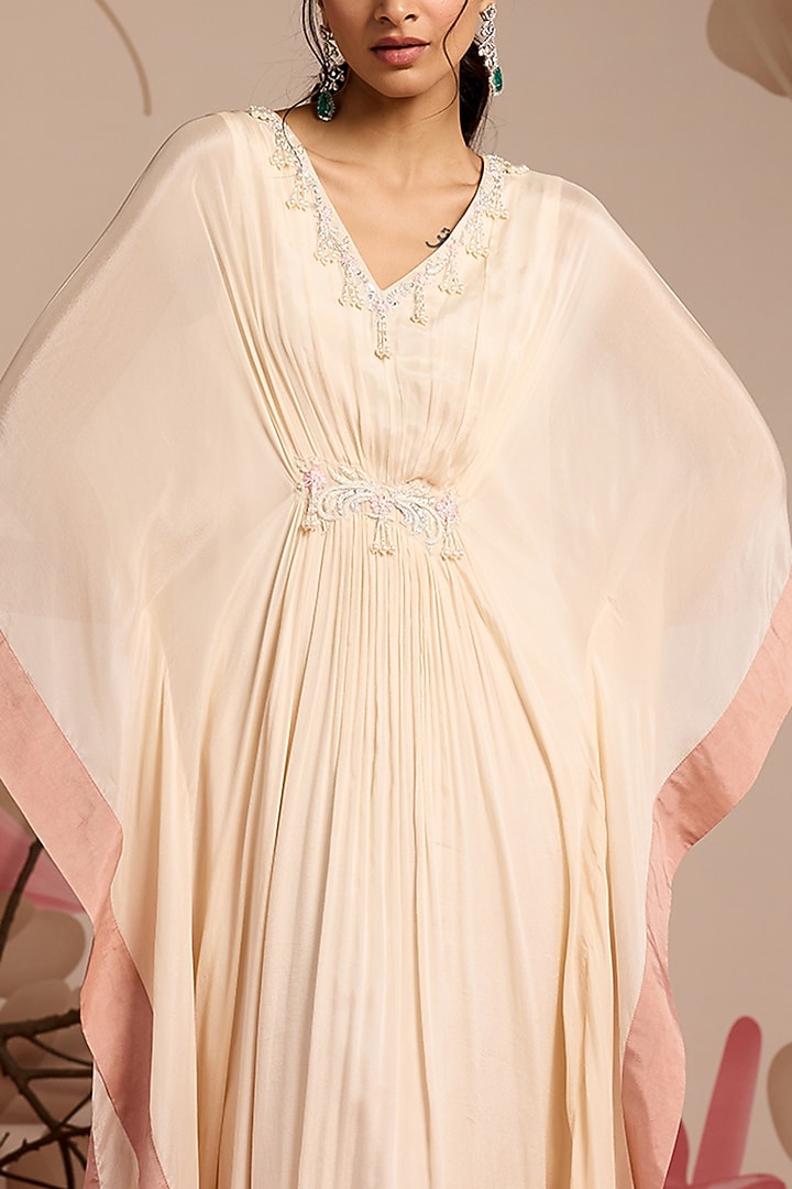 Ivory Chiffon Embellished Draped Kaftan by Seema Thukral at Pernia's Pop Up Shop