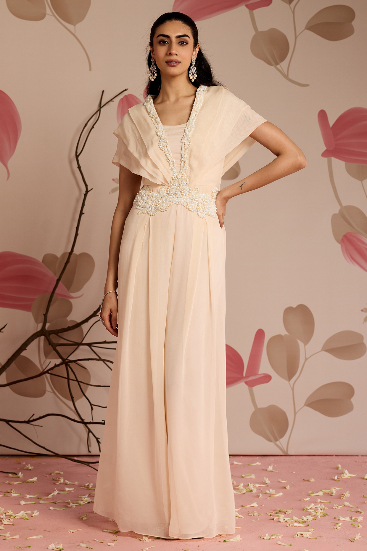 Ivory Georgette & Organza Embellished Pleated Jumpsuit by Seema Thukral at Pernia's Pop Up Shop