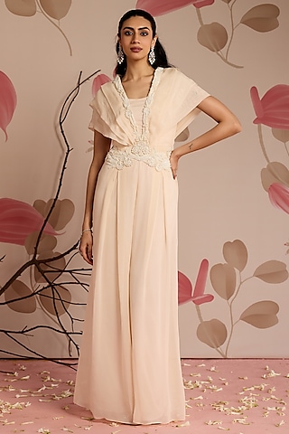 Ivory Georgette & Organza Embellished Pleated Jumpsuit by Seema Thukral
