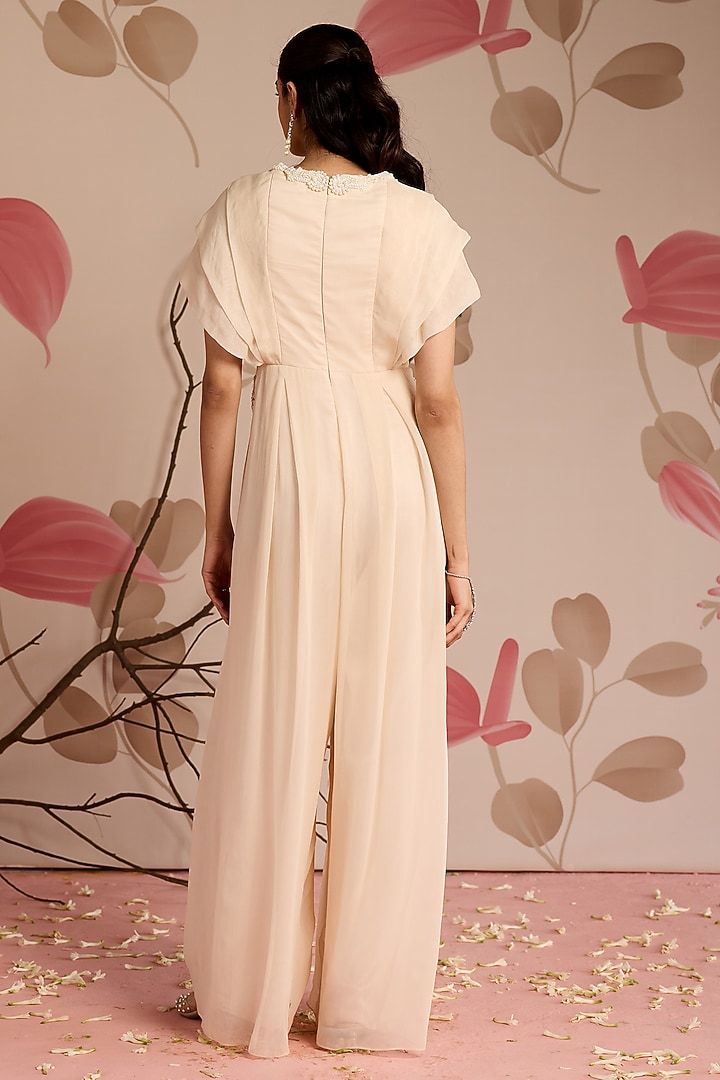 Ivory Georgette & Organza Embellished Pleated Jumpsuit by Seema Thukral at Pernia's Pop Up Shop