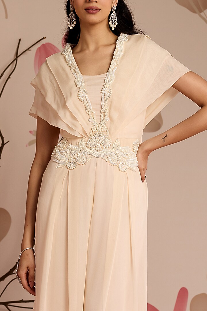 Ivory Georgette & Organza Embellished Pleated Jumpsuit by Seema Thukral at Pernia's Pop Up Shop