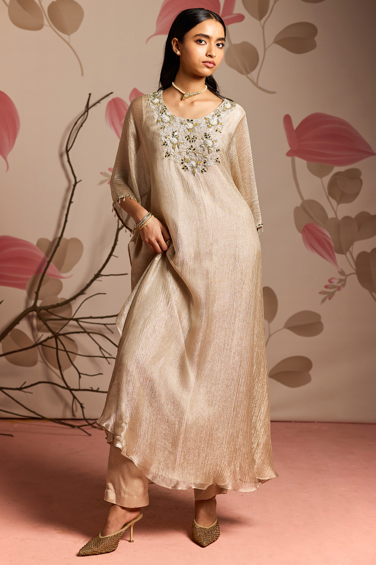 Gold Tissue Embellished Kaftan Set by Seema Thukral at Pernia's Pop Up Shop