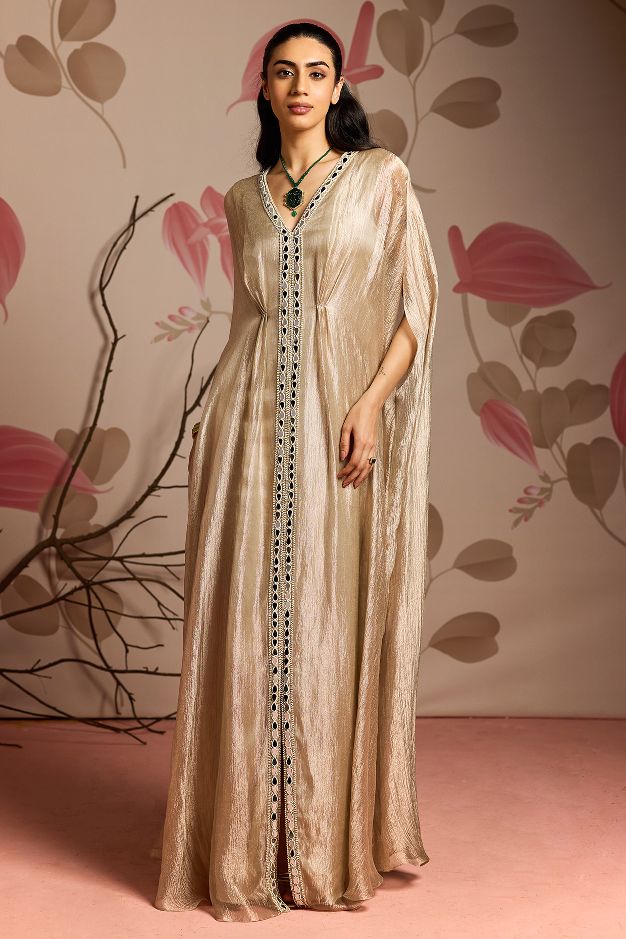 Gold Tissue Embellished Draped Kaftan by Seema Thukral at Pernia's Pop Up Shop