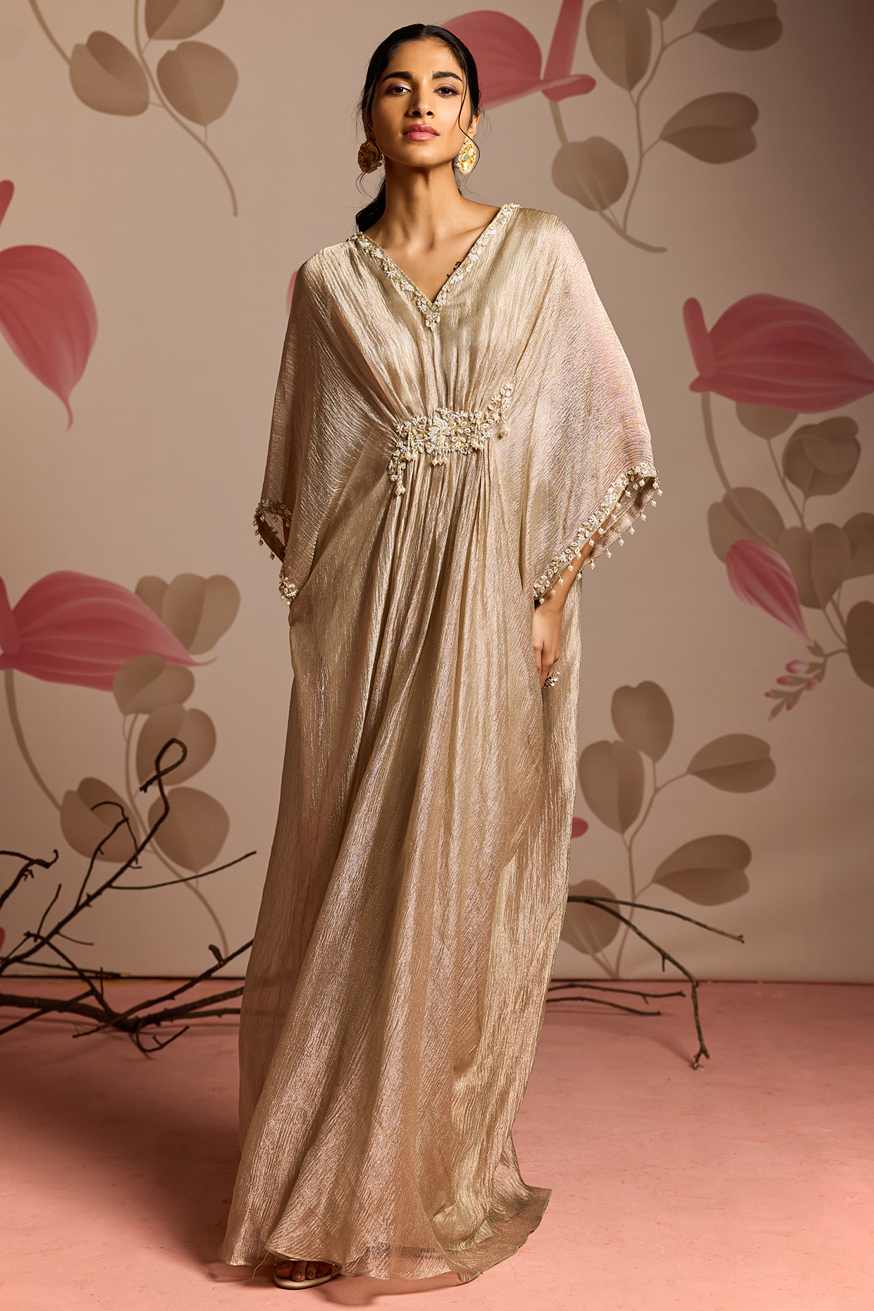 Gold Tissue Embellished Draped Kaftan by Seema Thukral at Pernia's Pop Up Shop