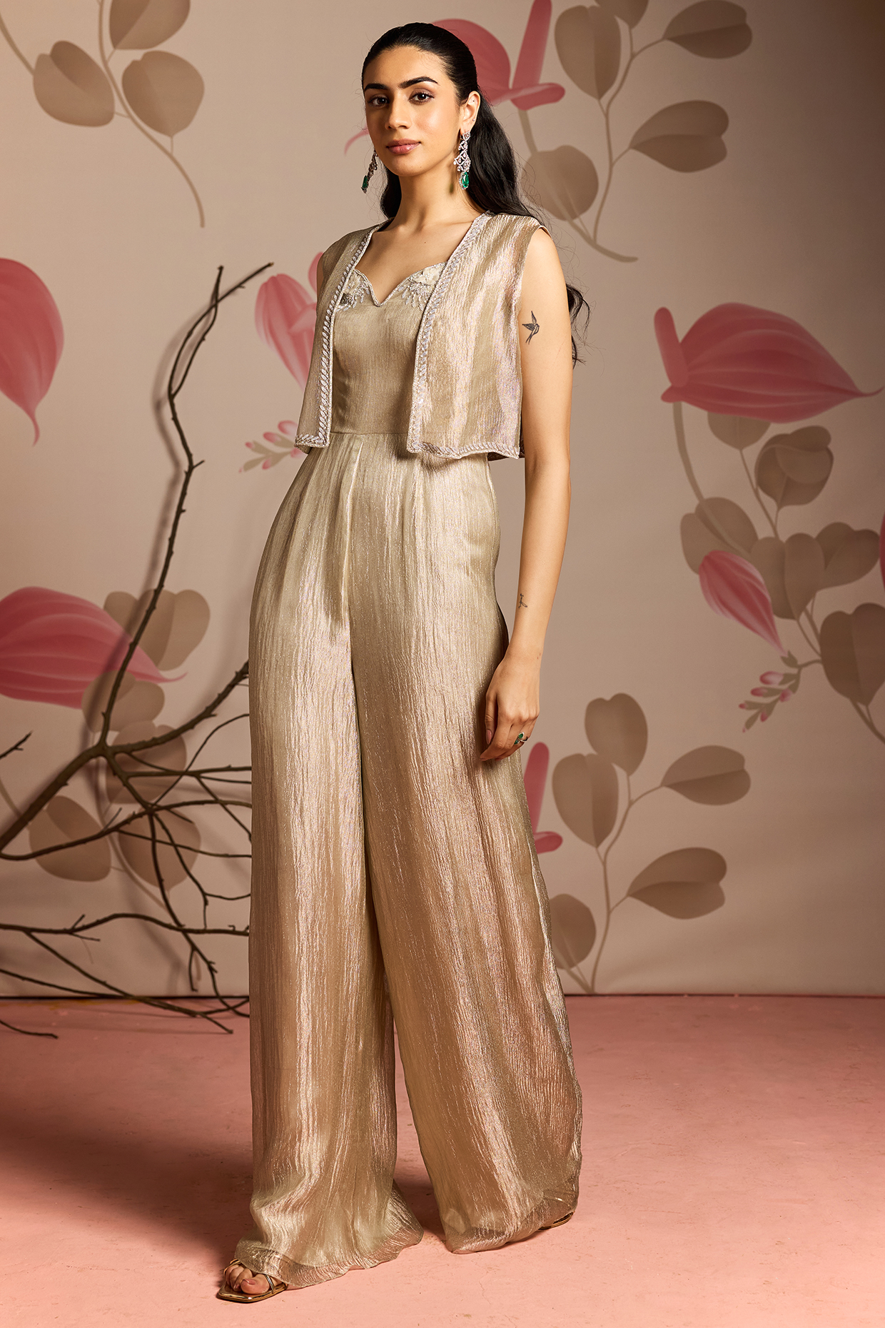 Gold Tissue Embellished Jumpsuit With Jacket by Seema Thukral at Pernia's Pop Up Shop