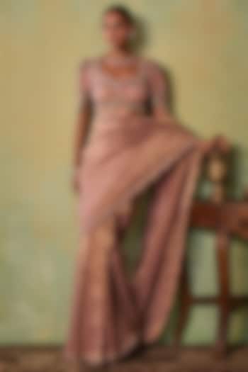 Rose Gold Tissue Embellished Pre-Stitched Wedding Saree Set by Seema Thukral at Pernia's Pop Up Shop