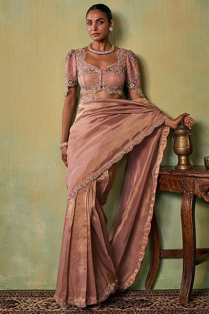 Rose Gold Tissue Embellished Pre-Stitched Wedding Saree Set by Seema Thukral at Pernia's Pop Up Shop
