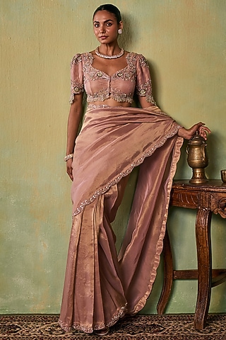 Rose Gold Tissue Embellished Pre-Stitched Saree Set by Seema Thukral