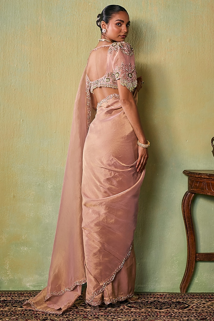 Rose Gold Tissue Embellished Pre-Stitched Wedding Saree Set by Seema Thukral at Pernia's Pop Up Shop