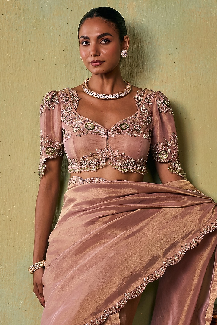 Rose Gold Tissue Embellished Pre-Stitched Wedding Saree Set by Seema Thukral at Pernia's Pop Up Shop