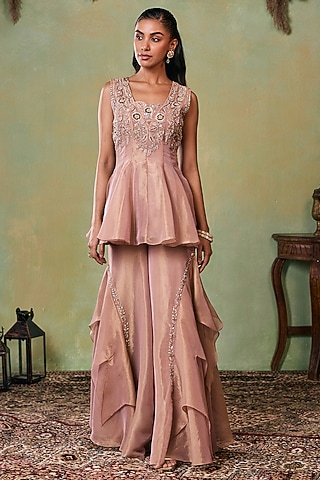 Rose Gold Tissue Embellished Sharara Set by Seema Thukral