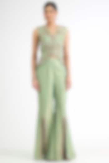 Sage Green Tissue Embellished Jacket Set by Seema Thukral at Pernia's Pop Up Shop