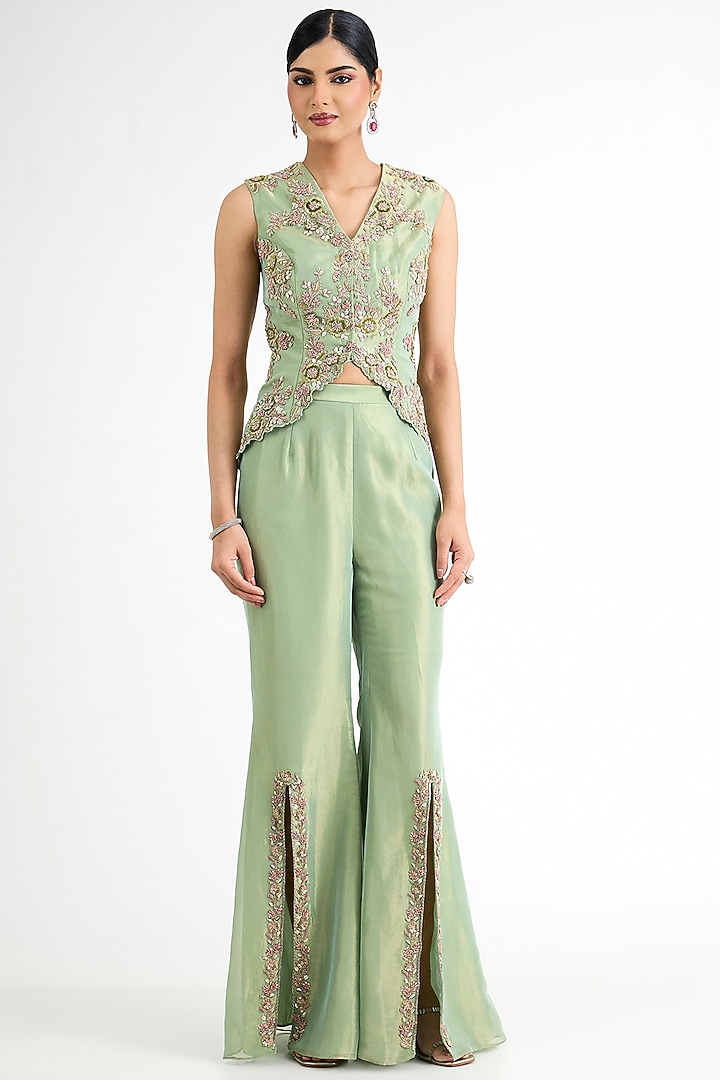Sage Green Tissue Embellished Jacket Set by Seema Thukral at Pernia's Pop Up Shop