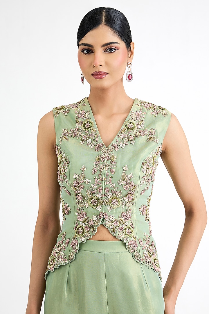 Sage Green Tissue Embellished Jacket Set by Seema Thukral at Pernia's Pop Up Shop