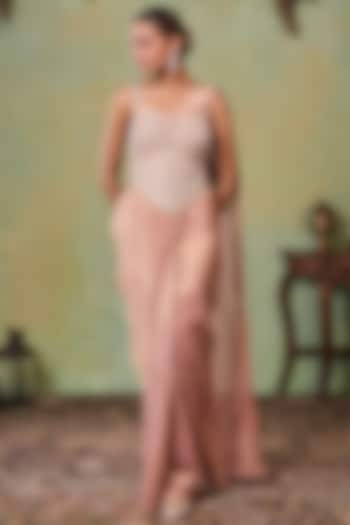 Rose Gold Tissue Pre-Stitched Wedding Saree Set by Seema Thukral at Pernia's Pop Up Shop
