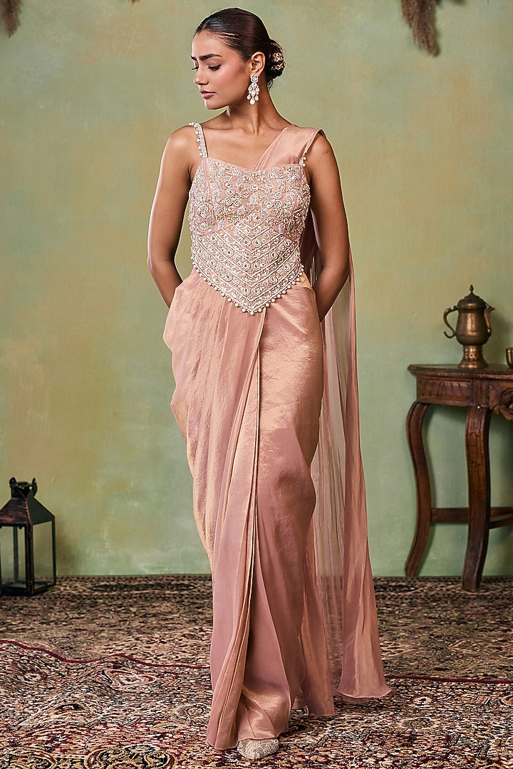 Rose Gold Tissue Pre-Stitched Wedding Saree Set by Seema Thukral at Pernia's Pop Up Shop