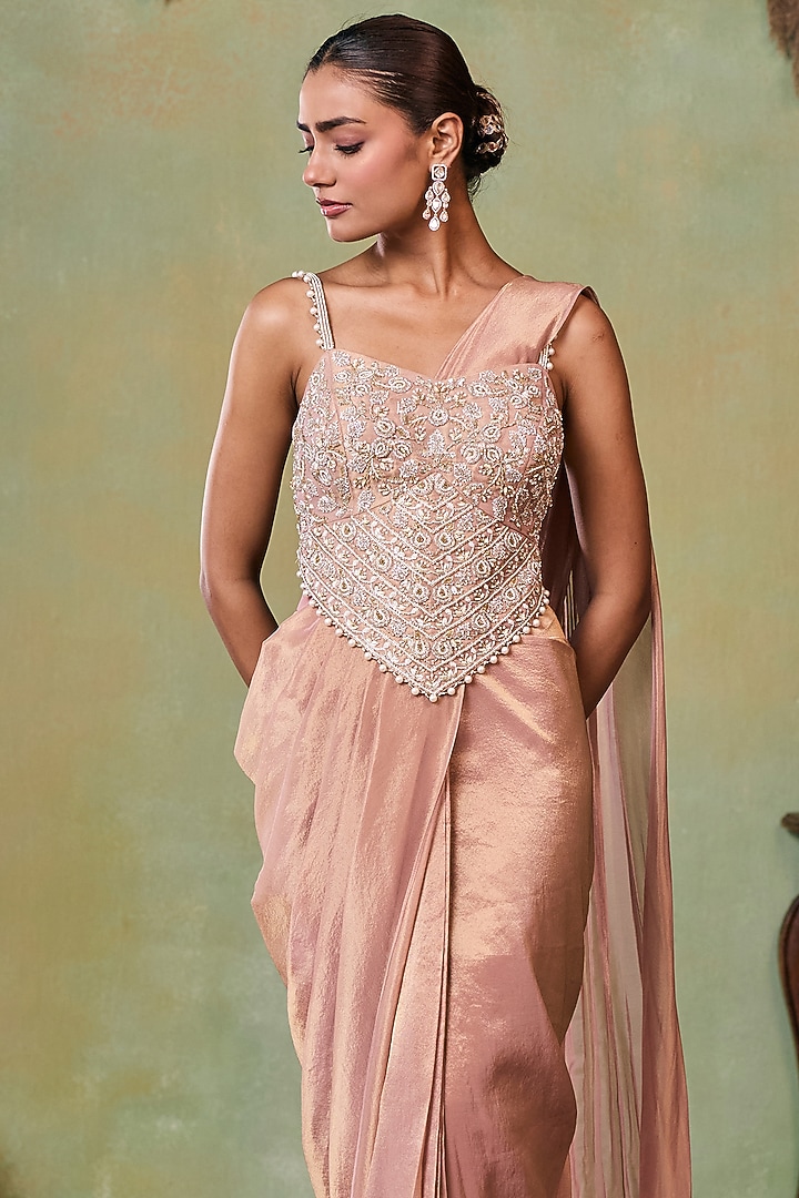 Rose Gold Tissue Pre-Stitched Wedding Saree Set by Seema Thukral at Pernia's Pop Up Shop