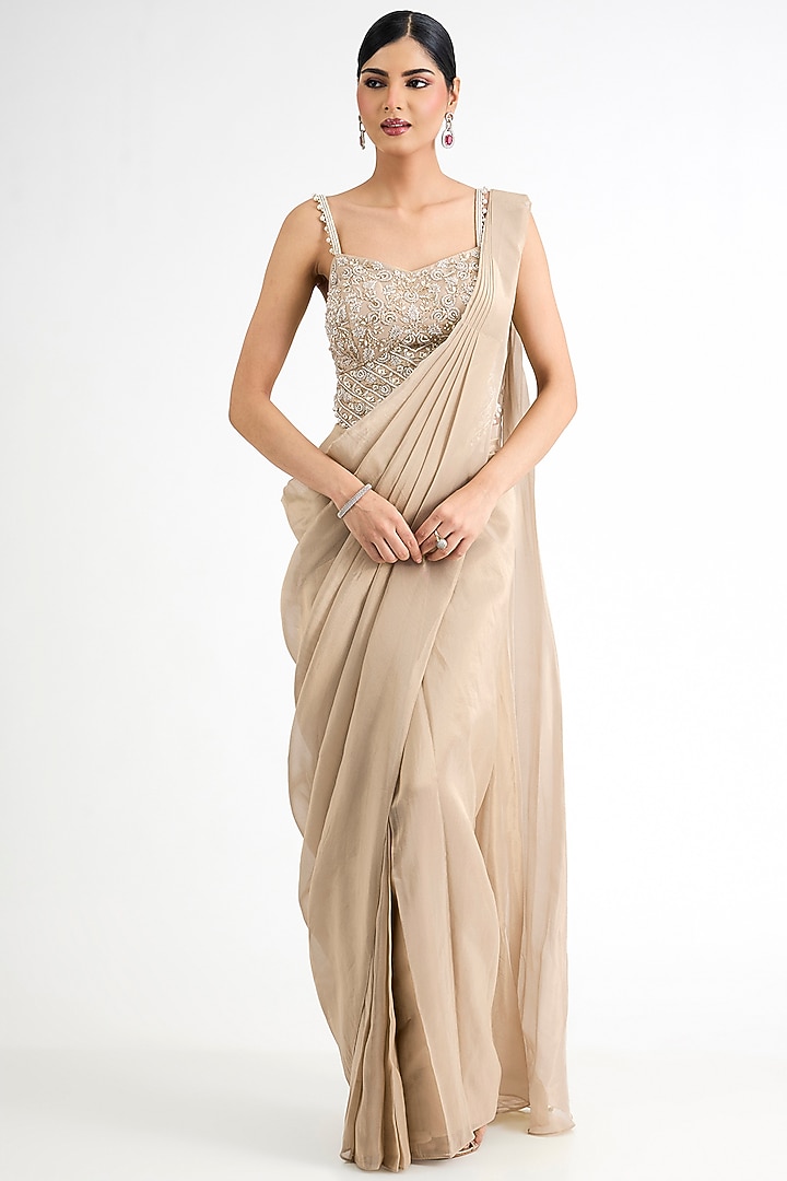 Glitter Gold Tissue Embellished Pre-Stitched Wedding Saree Set by Seema Thukral at Pernia's Pop Up Shop