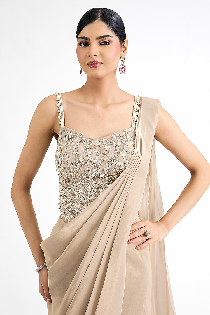 Glitter Gold Tissue Embellished Pre-Stitched Wedding Saree Set by Seema Thukral at Pernia's Pop Up Shop