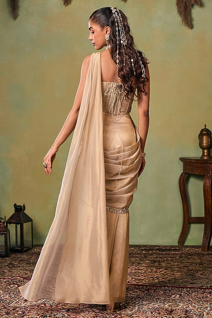 Glitter Gold Tissue Embellished Pre-Stitched Wedding Saree Set by Seema Thukral at Pernia's Pop Up Shop