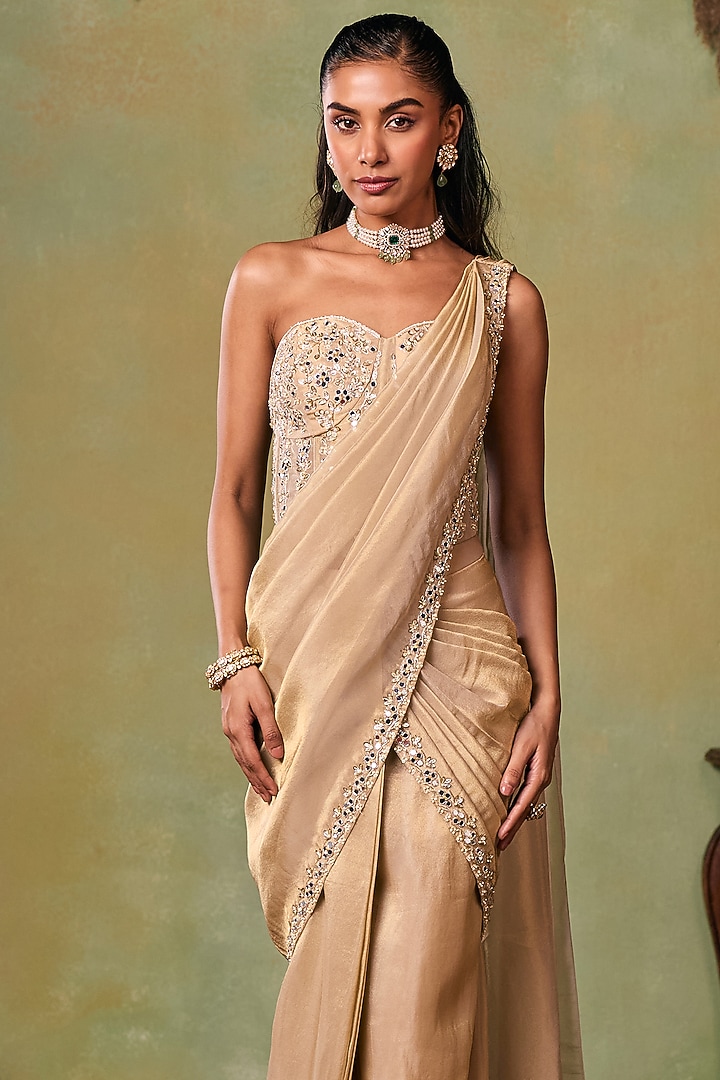 Glitter Gold Tissue Embellished Pre-Stitched Wedding Saree Set by Seema Thukral at Pernia's Pop Up Shop