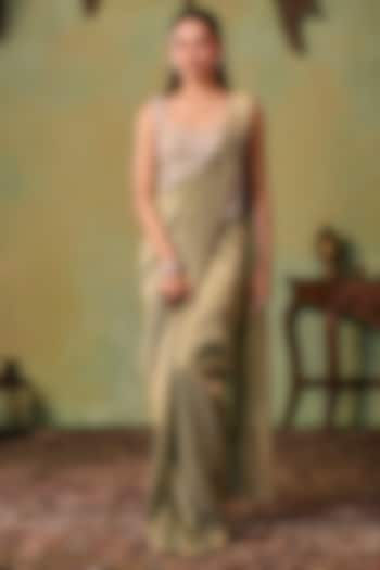 Glitter Gold-Metallic Sage Green Tissue Pre-Stitched Wedding Saree Set by Seema Thukral at Pernia's Pop Up Shop