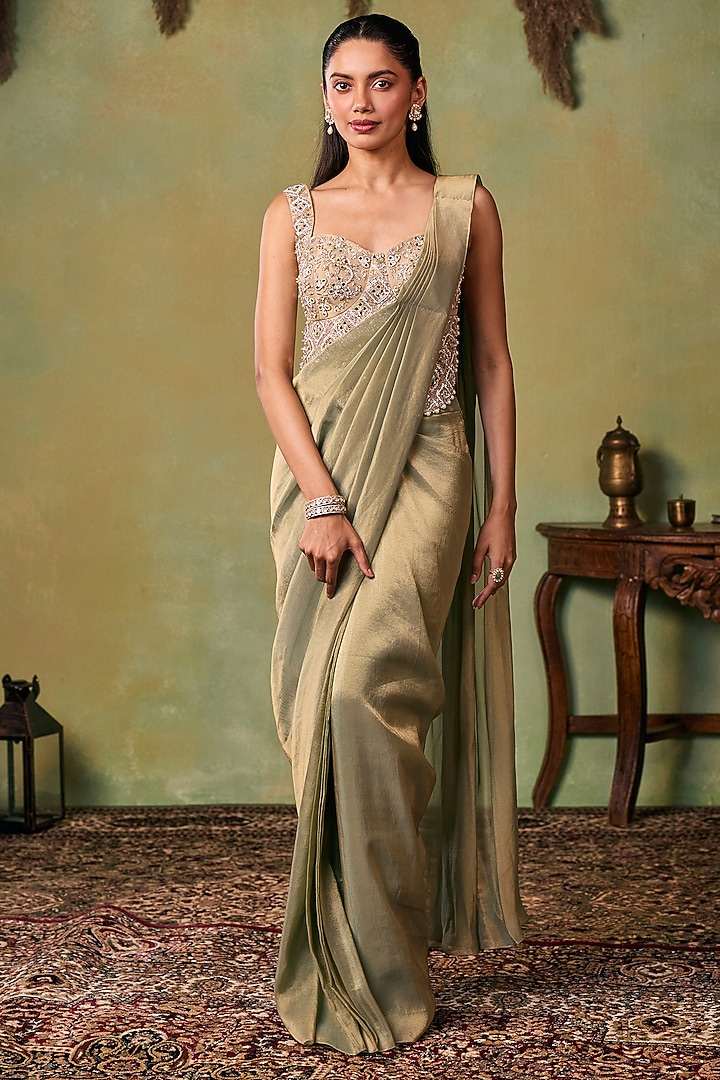 Glitter Gold-Metallic Sage Green Tissue Pre-Stitched Wedding Saree Set by Seema Thukral at Pernia's Pop Up Shop