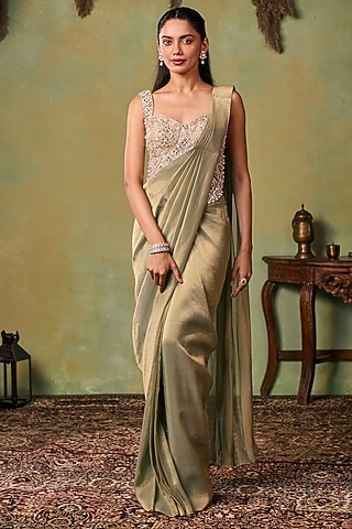 Glitter Gold-Metallic Sage Green Tissue Pre-Stitched Saree Set by Seema Thukral