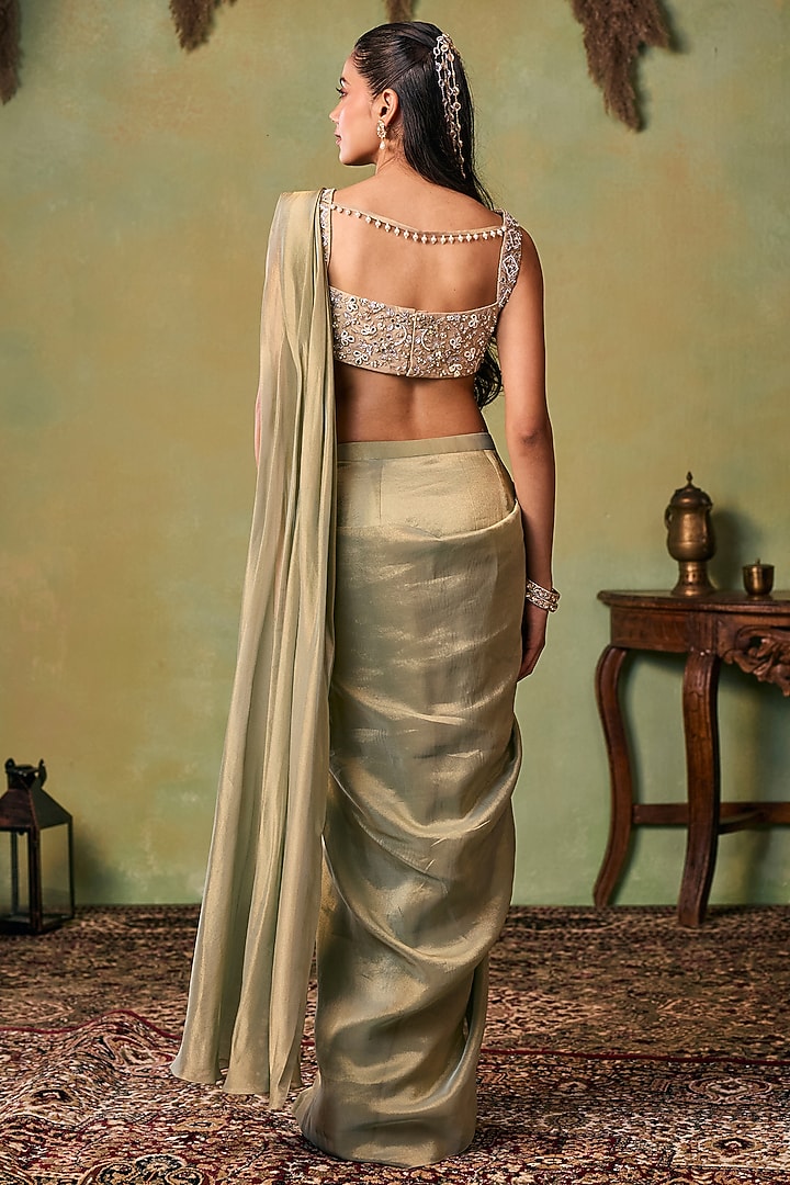 Glitter Gold-Metallic Sage Green Tissue Pre-Stitched Wedding Saree Set by Seema Thukral at Pernia's Pop Up Shop