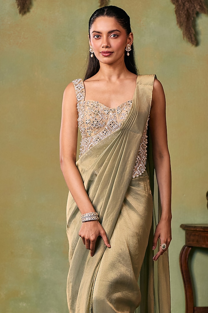Glitter Gold-Metallic Sage Green Tissue Pre-Stitched Wedding Saree Set by Seema Thukral at Pernia's Pop Up Shop