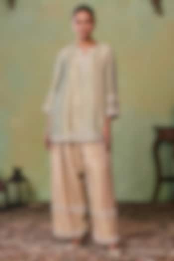 Glitter Gold-Metallic Sage Green Tissue Embellished Kurta Set by Seema Thukral at Pernia's Pop Up Shop