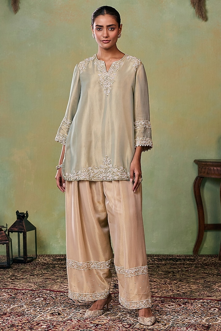 Glitter Gold-Metallic Sage Green Tissue Embellished Kurta Set by Seema Thukral at Pernia's Pop Up Shop