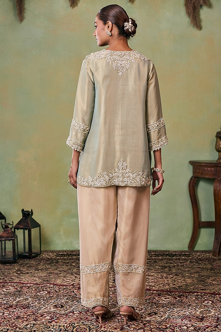 Glitter Gold-Metallic Sage Green Tissue Embellished Kurta Set by Seema Thukral at Pernia's Pop Up Shop