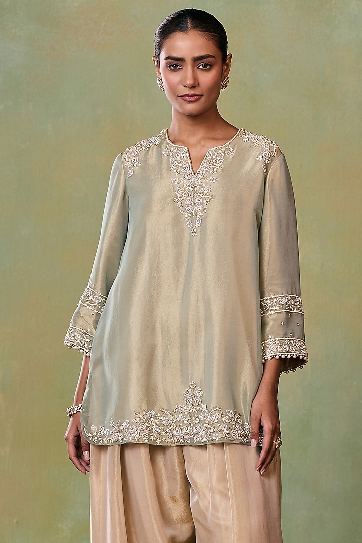 Glitter Gold-Metallic Sage Green Tissue Embellished Kurta Set by Seema Thukral at Pernia's Pop Up Shop