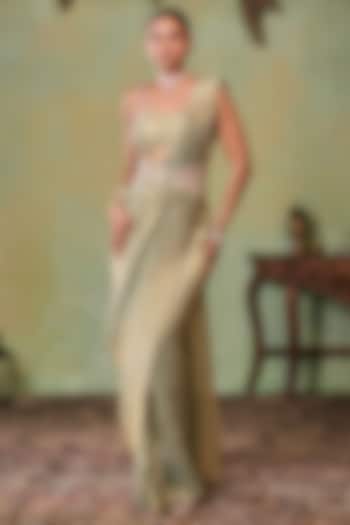 Metallic Sage Green Tissue Pre-Stitched Wedding Saree Set by Seema Thukral at Pernia's Pop Up Shop